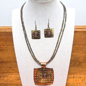COPPER & BRASS ARTISAN CRAFTED PENDANT NECKLACE & MATCHING EARRINGS